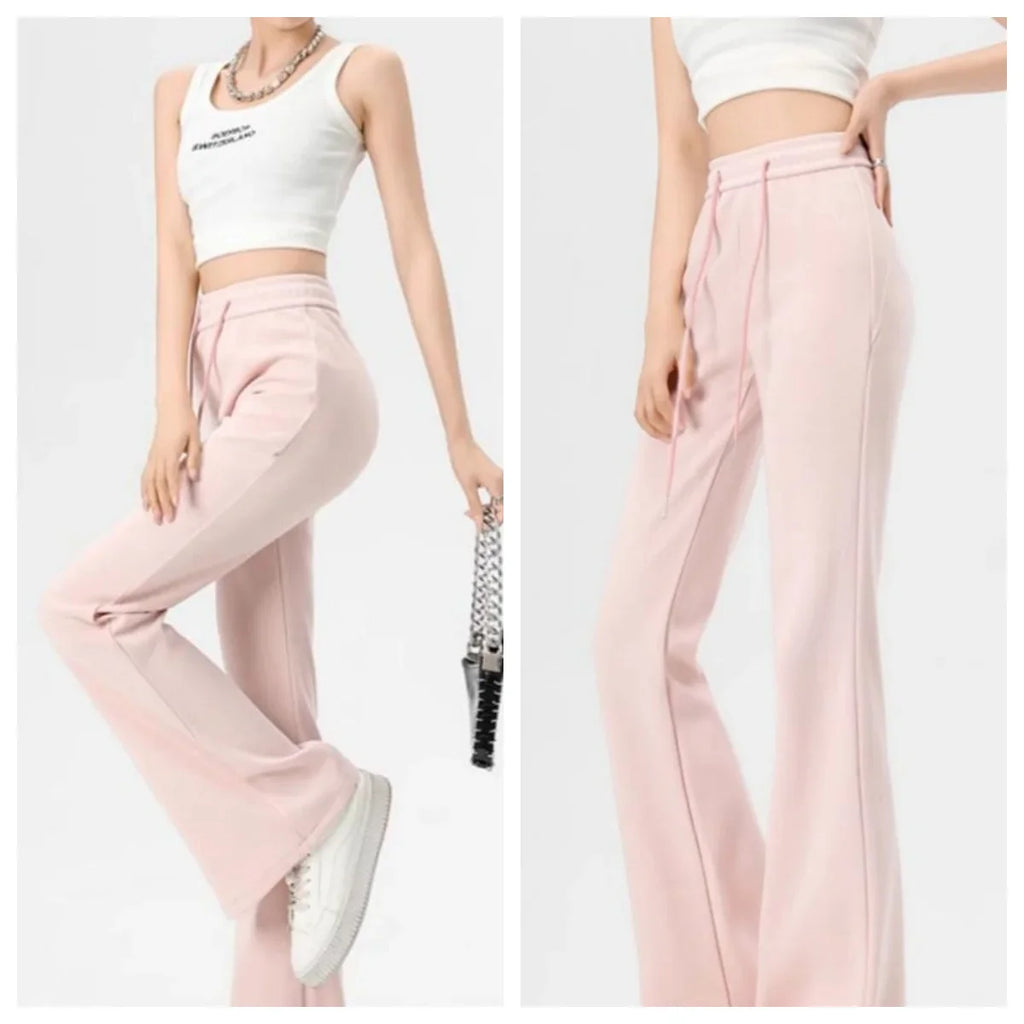 Women's Wide Leg Pants Lady's Draswtring Sweet Y2K Pink Flare Pant Boot Cut Female Long Trousers Casual Chic Matching Sweatpants
