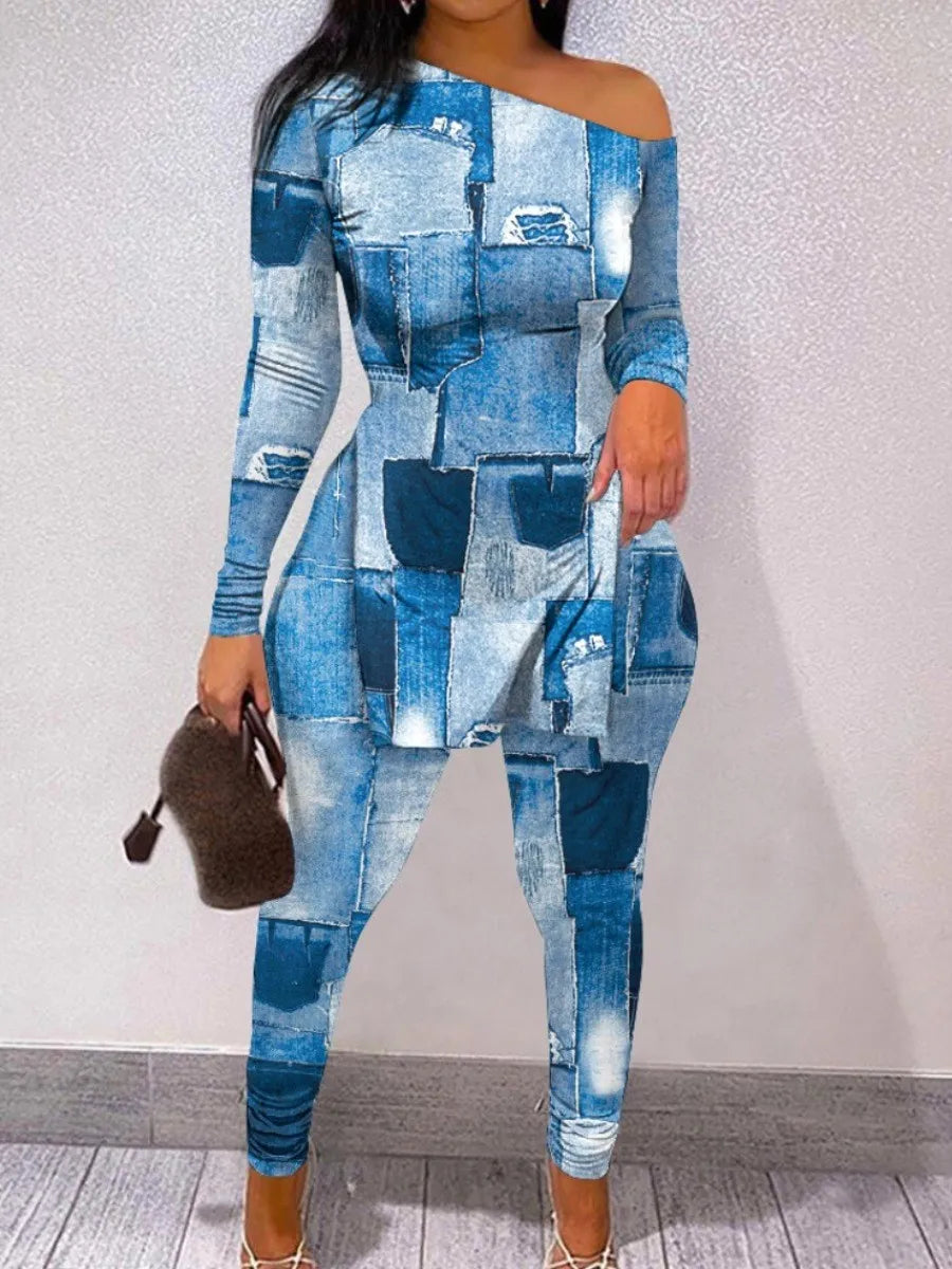 LW Plus Size Two piece set Figure Print Striped Split Pants Set One Shoulder Long Sleeve sexy women suit Streetwear Tracksuit