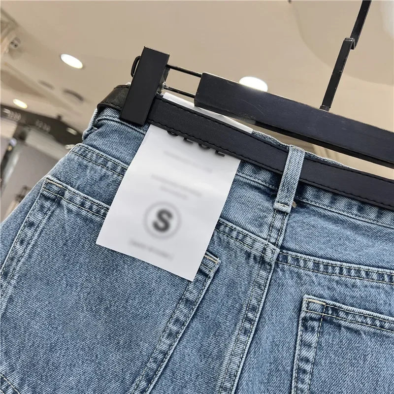 High-waisted Loose-fit Women's Jeans Slimming Style Casual A- line Trousers Ruffled Edges Lightweight Heat Pants