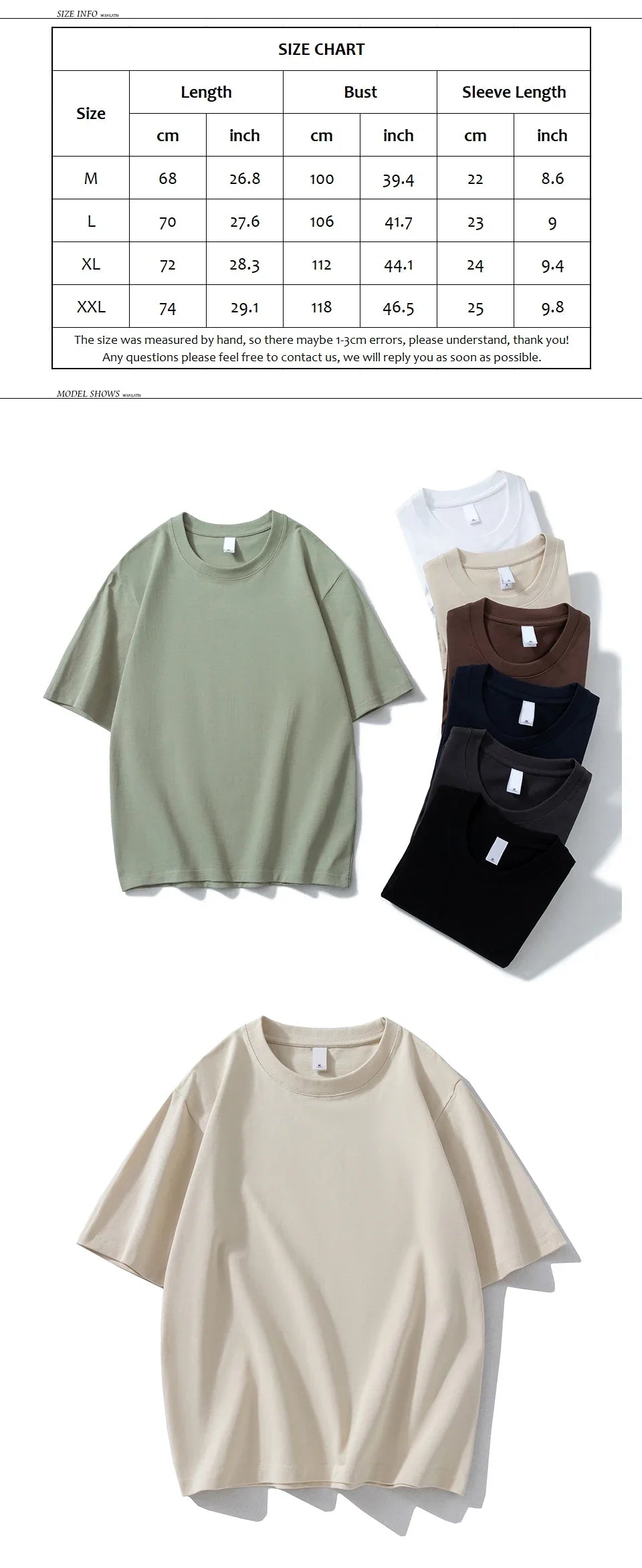 WAVLATII New Women Men 100% Cotton T shirts Female 280 GSM Khaki Casual Oversize Tees Unisex White Basic Tops for Male WT2477