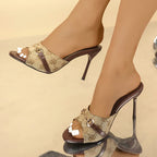 Elegant Metal Buckle High Heels Slippers Women Brand Design Printed Thin Heeled Sandals Woman Fashion Dress Party Shoes Size 42