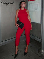 Dulzura Sleeveless Halter Backless Lace Up Jumpsuit Solid Sexy Casual Romper Party Club Streetwear Women'S Autumn Winter Clothes