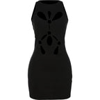 Weird Puss Hollow Flower Dress Sexy Chic Circle Devise Summer Trend Skinny Elastic Stretch Sleeveless Peach Hip Bodycon Clubwear