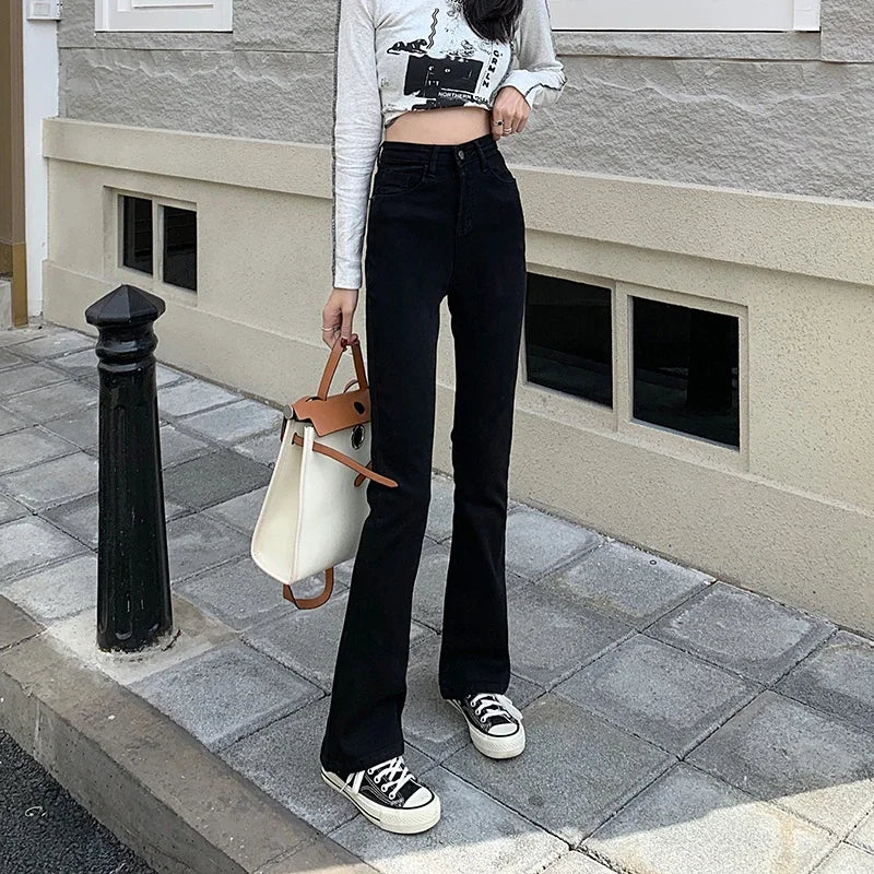 Woman American High Waist Slim Fit Bell Bottom Jeans Female Fashion Y2k Flare Pants Girls Elastic Designer Black Denim Trousers