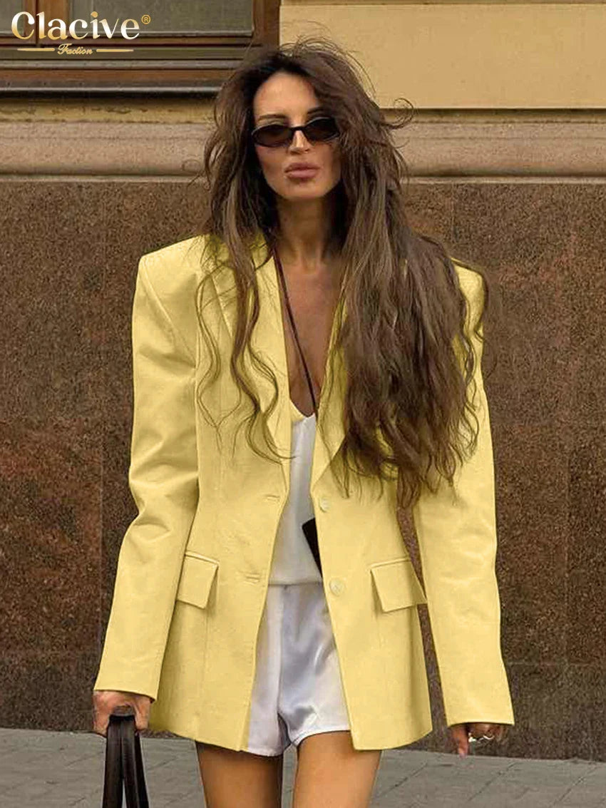 Clacive Winter Loose Yellow Cotton Office Women's Blazer Fashion Lapel Long Sleeve Blazers Elegant Classic Top Female Clothing