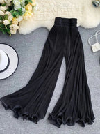 ZOKI Women Flare Pants Loose Gauze Elastic High Waist Ruffle Chiffon Ladies Trousers Fashion Black White Summer Female Pants New