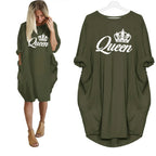 Women's spring and summer casual loose plus size QUEEN printed round neck long sleeved pocket dress streetwear
