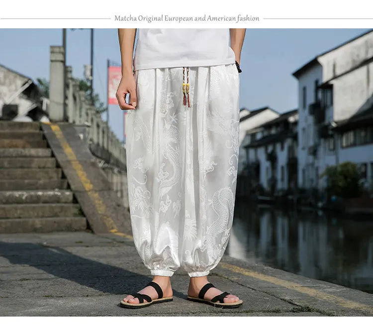 FGKKS 2023 Outdoor Brand Pants For Men Lce Silk Dragon Dark Flower Loose Bloomers High Quality Wide Leg Casual Trousers Male