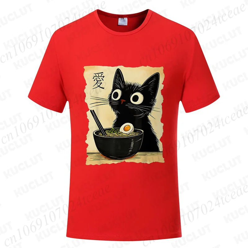 Funny Cat Ramen Graphic Tee Japanese Kawaii Anime Cat T-Shirt Fashion T-shirts Short Sleeve Clothes Trend Casual Unisex Tshirts