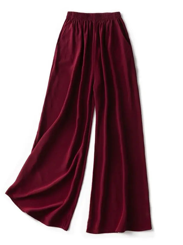 SuyaDream Women Wide Leg Pants 100%Real Silk Solid Elastic Waisted Ankle-length 2024 Office Spring Autumn Chic Trousers Black