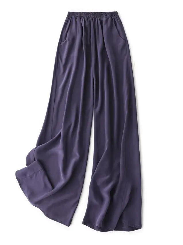 SuyaDream Women Wide Leg Pants 100%Real Silk Solid Elastic Waisted Ankle-length 2024 Office Spring Autumn Chic Trousers Black