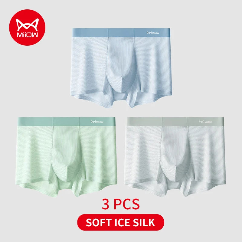 MiiOW 3Pcs Soft Ice Silk Men Boxer Underwear Men's Panties Summer Breathable Striped Underpants Male Antibacterial Boxers Trunks