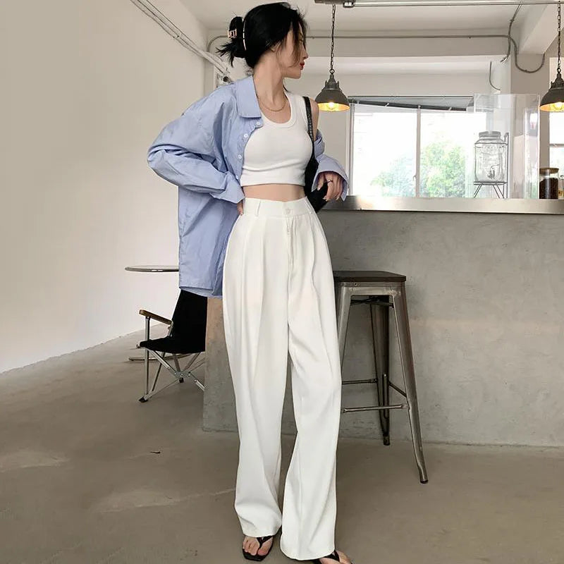 Summer Women's Draped Suit Pants Korean Style High-Waisted Button Casual Pants 2025 New Black White Baggy Office Lady Trousers