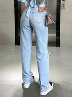 Women's new knee-piercing jeans, loose, comfortable and casual, fully matching straight micro-elastic jeans
