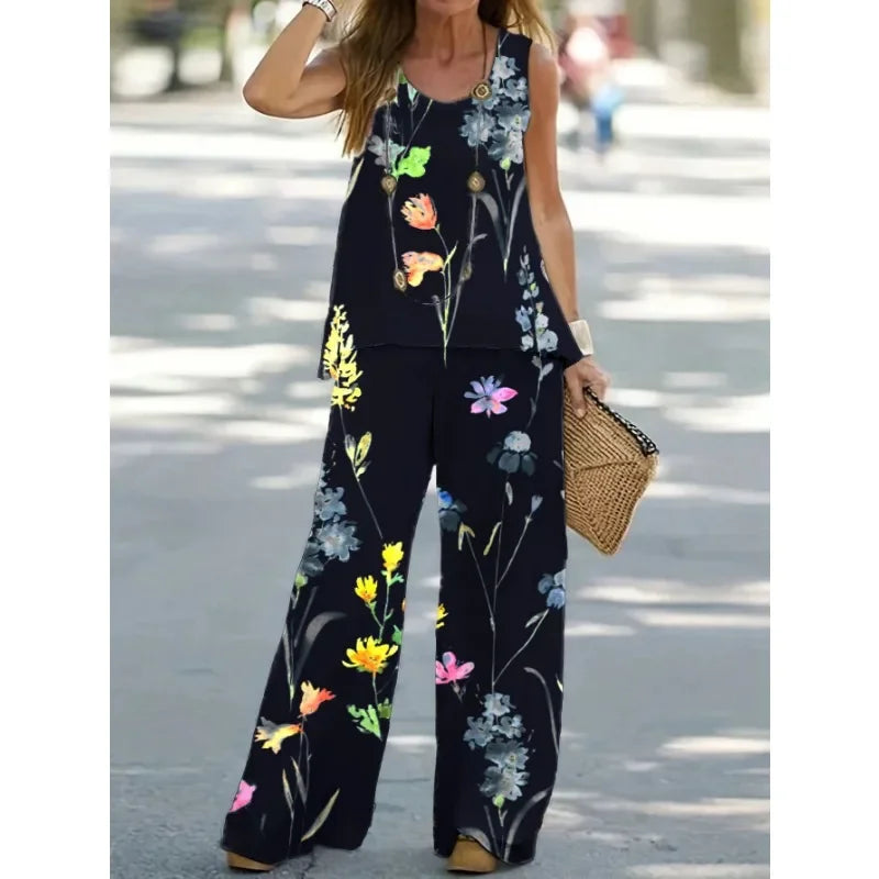 Women's1XL-8XL Plus Size Round Neck Casual Outfits Two Piece Set Solid Tank Top Wide Leg Pants Outfits 2 Piece Set