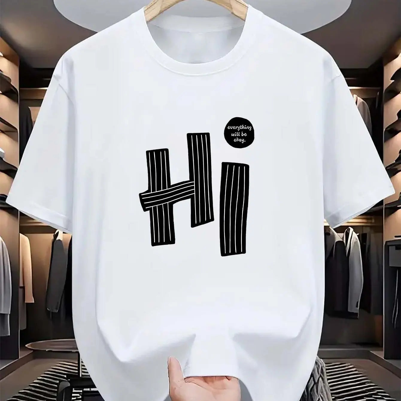 Summer men's 100% pure cotton casual loose fit plus size hi letter pattern  printed round neck short sleeved T-shirt top