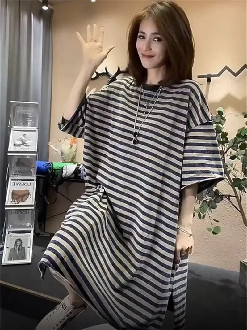 Loose Striped Street Casual T Shirt Dress Summer Short Sleeve O-neck Plus Size Vintage Midi Dress Fashion Office Women Clothing