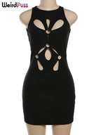 Weird Puss Hollow Flower Dress Sexy Chic Circle Devise Summer Trend Skinny Elastic Stretch Sleeveless Peach Hip Bodycon Clubwear