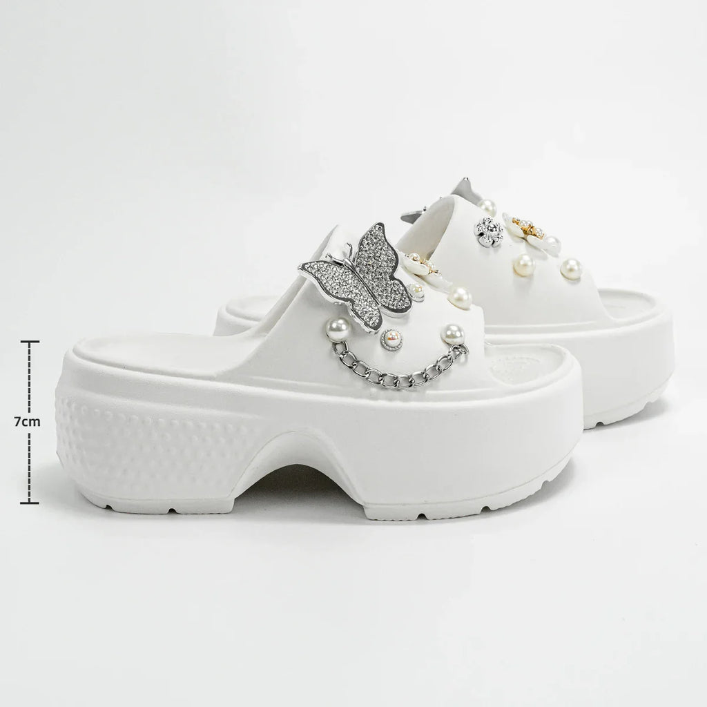 Fashionable Silver Butterfly Flower One-Line Sandals Outdoor Thick-Soled Heightening Sandals E20