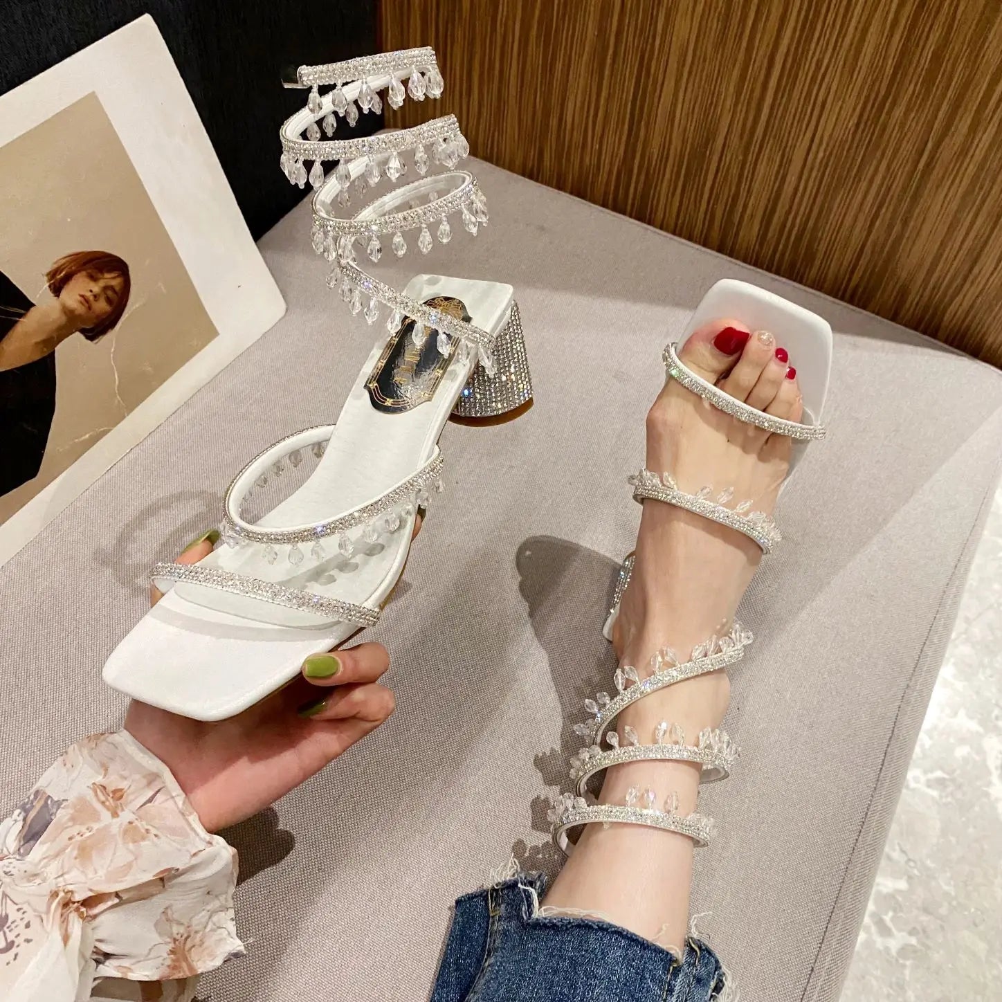 Xibeilove 2024 Summer Luxury Women Sandals Crystal Square Head Gold Rhinestone Snake Pattern High Heels Wedding Party Shoes