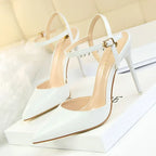 Women 10.5cm High Heels Sandals Lady Metallic Gold Silver Patent Leather Stripper Strap Sandles Wedding Fetish Nightclub Shoes