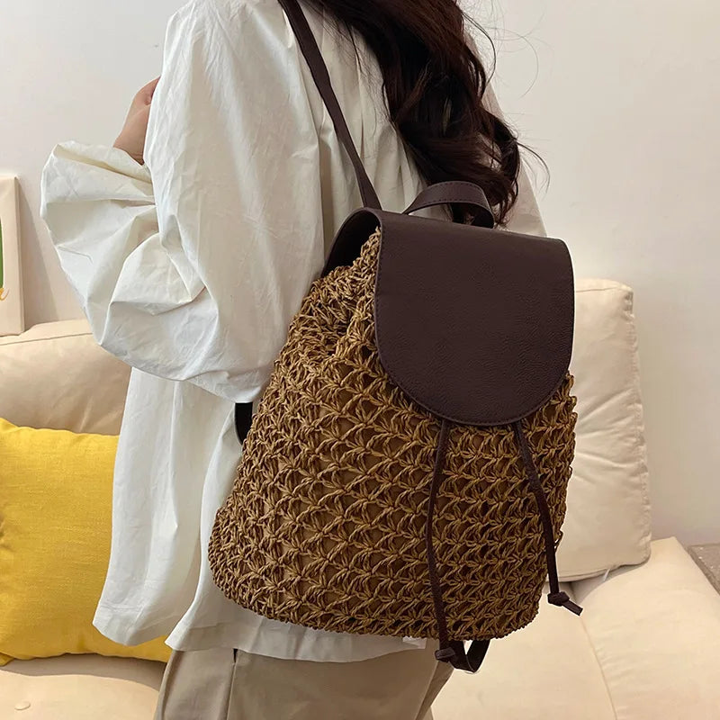 Vintage Straw Backpack Women's Fashion Shoulder Bag Versatile Straw Woven PU Leather Elegant Luxury Designer Backpack