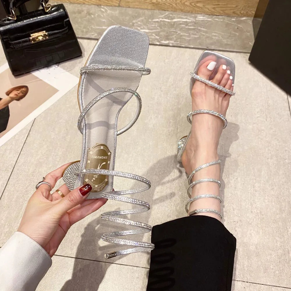 Xibeilove 2024 Summer Luxury Women Sandals Crystal Square Head Gold Rhinestone Snake Pattern High Heels Wedding Party Shoes