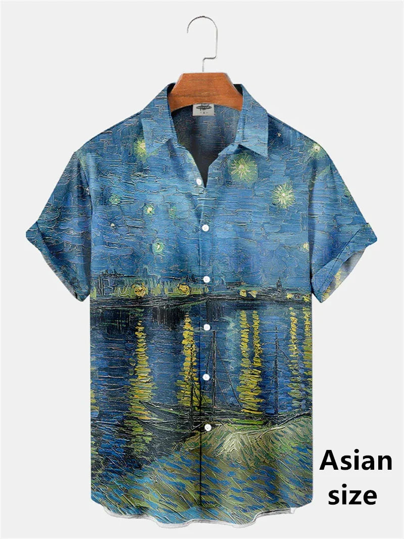 Men Shirts 3d Geometric Art Colorful Abstract Oil Painting Printed Men's Short Sleeve Shirts Fashion Unisex Hawaiian Button Top