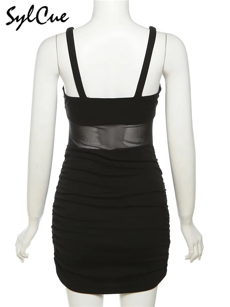Sylcue Black Mysterious Sexy Mature Beautiful Tight Hot Confident Summer Party Intellectual Elegant Simple Women'S Strap Dress