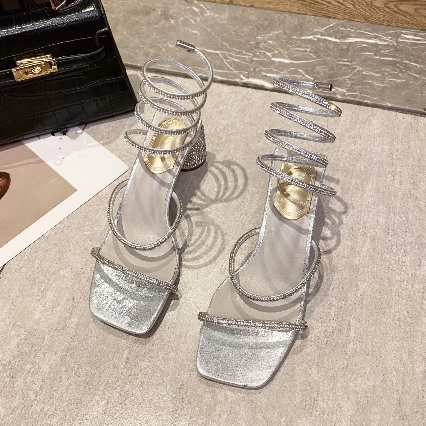 Xibeilove 2024 Summer Luxury Women Sandals Crystal Square Head Gold Rhinestone Snake Pattern High Heels Wedding Party Shoes