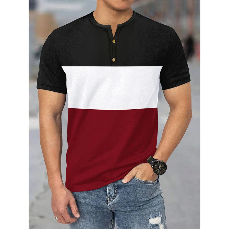 Henry Collar T-Shirt Men Summer Casual Short Sleeve Tops 3-color Patchwork Tees Sweatshirt Comfortable Breathable Men's Clothing