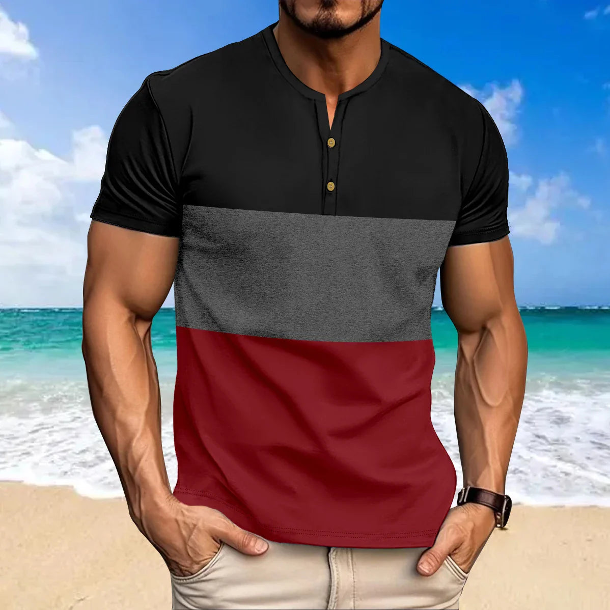New Color Matching T-Shirt Men Casual Sports Comfort Summer Short Sleeve Henry Neck Mens T Shirts Fashion Basic Male Top