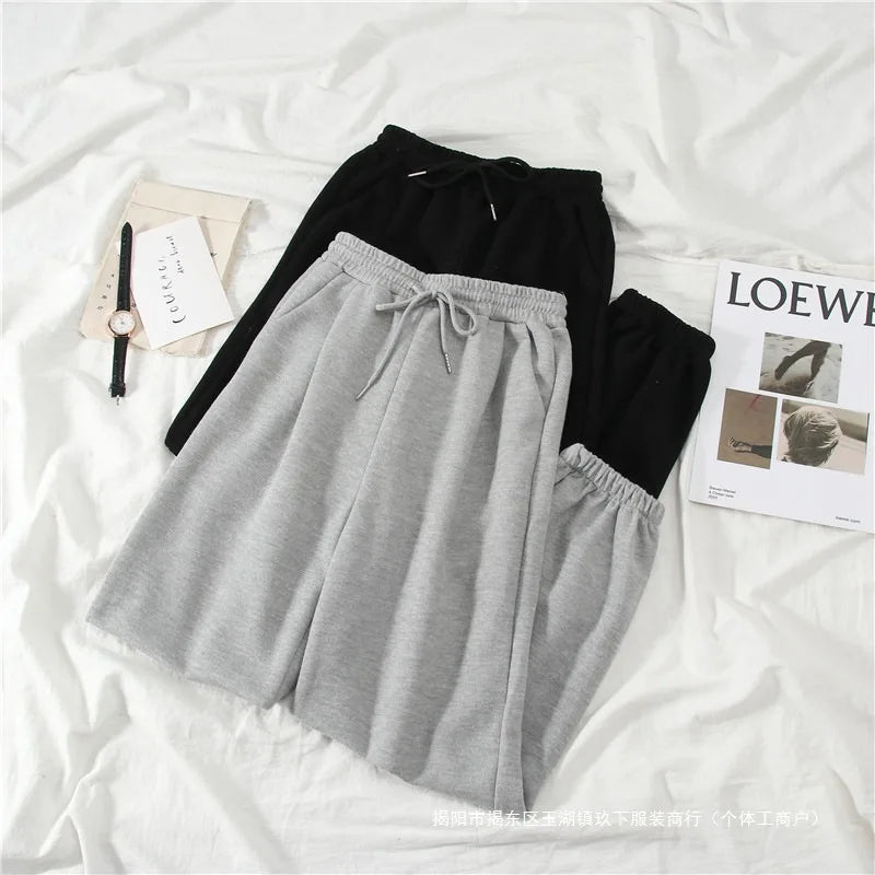 Women's Autumn Winter Casual Sports Loose Slimming Versatile Fleece-lined Outerwear Straight-leg Cuffed Pants Carrot Sweatpants