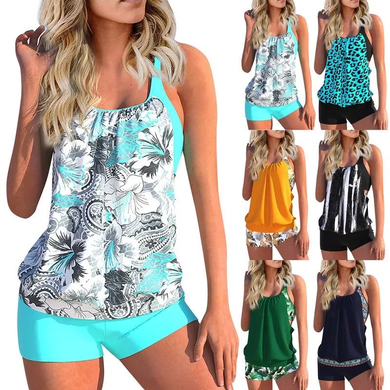 Women's Sexy Slim fit printed suspenders slit boxer shorts bikini plus size swimsuit two piece comfortable pretty swimwear swims