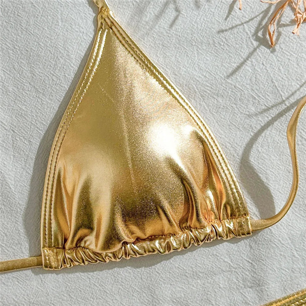 Gold Micro Thong String 3 Piece Bikini Set Damen Halter Swimwear Skirts Cover Ups Sexy Swimsuit Women 2025 Bathing Suit Bikinis