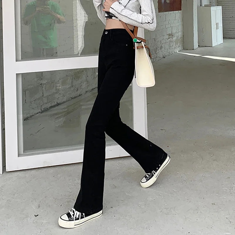 Woman American High Waist Slim Fit Bell Bottom Jeans Female Fashion Y2k Flare Pants Girls Elastic Designer Black Denim Trousers