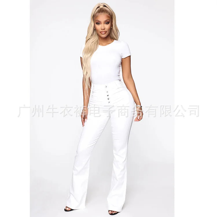 Women's Denim Jeans Button Patch Pocket Washed Long Trousers Cross-Border Wish NK173 Denim Jeans from Mainland China