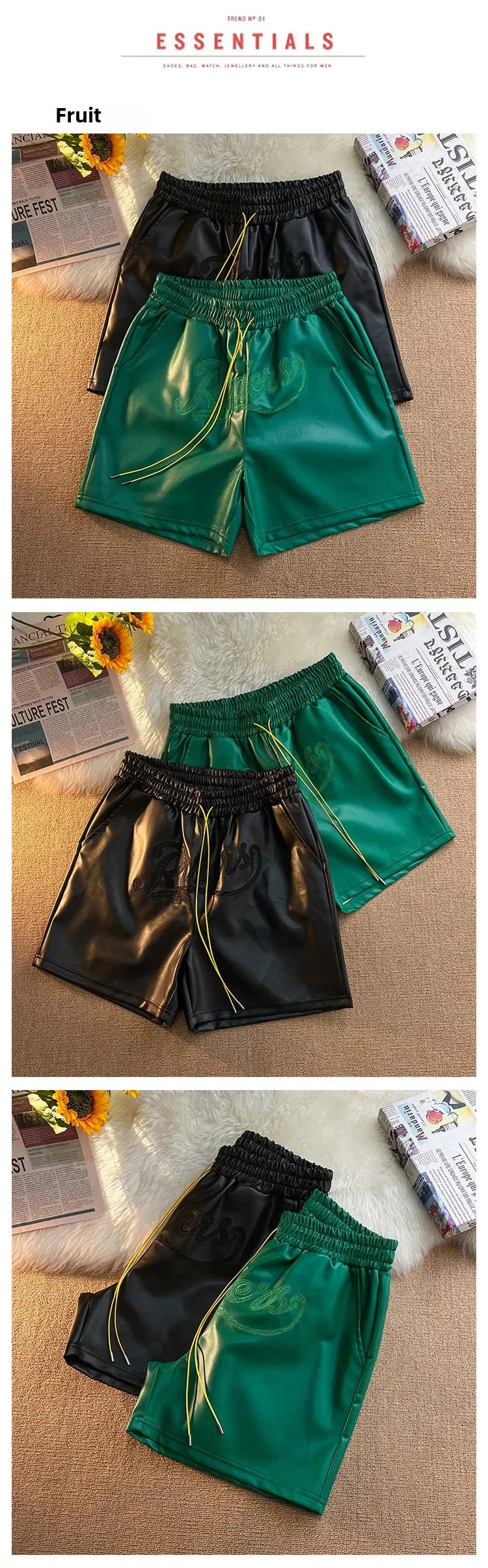 Trendy Brand Men's Shorts Environmental Friendly Leather Pocket Zipper Drawstring Casual Fashionable Summer Loose-Fit Pants