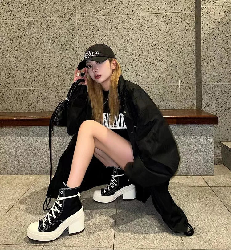 Women Platform Sneakers Canvas Shoes Personalized Luxry Heels Skateboard Lace Up Casual Fashion Outdoor Sneakers Plus Size 36-42