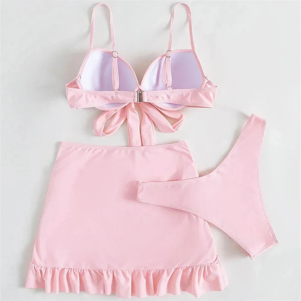 Cute Pink Ruched Swimwear Push Up Bandage Bikini Thong Pleated Swimsuit 3 Piece Women's Skirt Beach Outfits Bikinis Bathing Suit