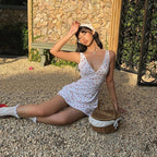 Hugcitar 2024 Cherry Print Straps Backless Draped Sexy Bodycon Mini Dress Summer Women Elegant Clothes Birthday Party Vacation