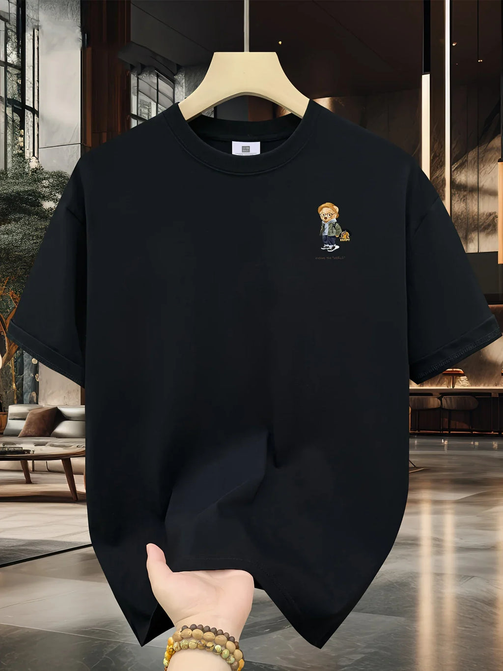 Men's 100% pure cotton summer loose size cartoon pattern printed casual and comfortable round neck short sleeved T-shirt top