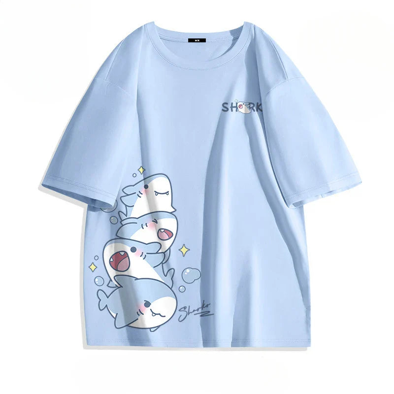 Summer Ice Silk Blue Top Youth Breathable Half Sleeve Large Loose Tee Men's Cute Shark Cartoon Print Short Sleeve T-shirt