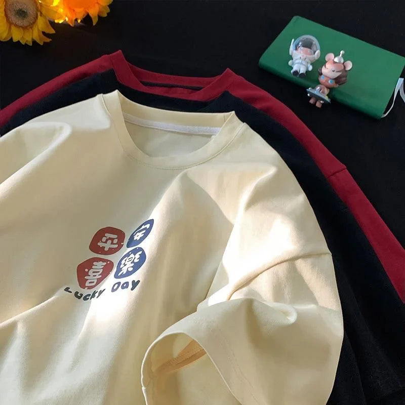 Korean Version Retro Letter Printed Couple Short Sleeved T-shirt Casual Loose Versatile Round Neck Women's Summer Top