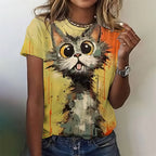 Fashion Woman Funny Cat Print T-Shirts Summer Crew Neck Personalized Graphic T-Shirts Comfort Short Sleeve Tee Woman Clothing