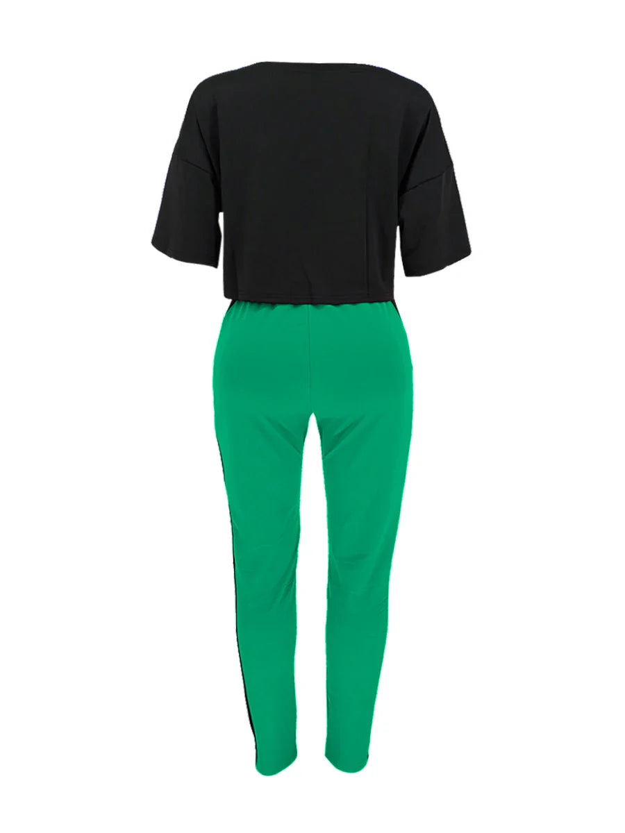 LW Plus Size One Shoulder Lip Print Striped Pants Set Summer Women Fashion Casual Half Sleeve Top & Skinny Long Pants