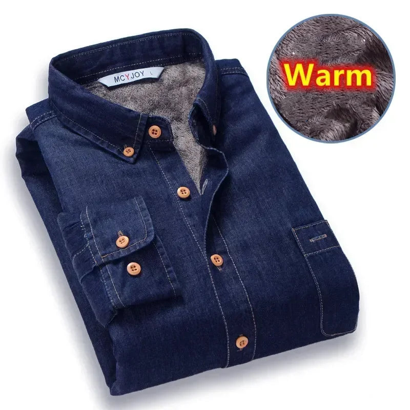 New 2025 Autumn Winter Warm Denim Jeans Dress Shirt Men Fleece Lined Velvet Shirts Button Down Brand Male Bottoming Men's Shirt
