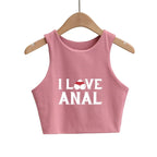 I LOVE ANAL Letters Print Summer Fashion Women Sexy Slim Tops O-neck Sleeveless Double Nylon Ladies Good Quality Tank Top