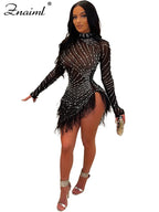 Znaiml Luxury 2023 Evening Celebrity Feathers Sheer Mesh Short Dresses for Women Sexy Pearls Rhinestones Party Birthday Vestidos