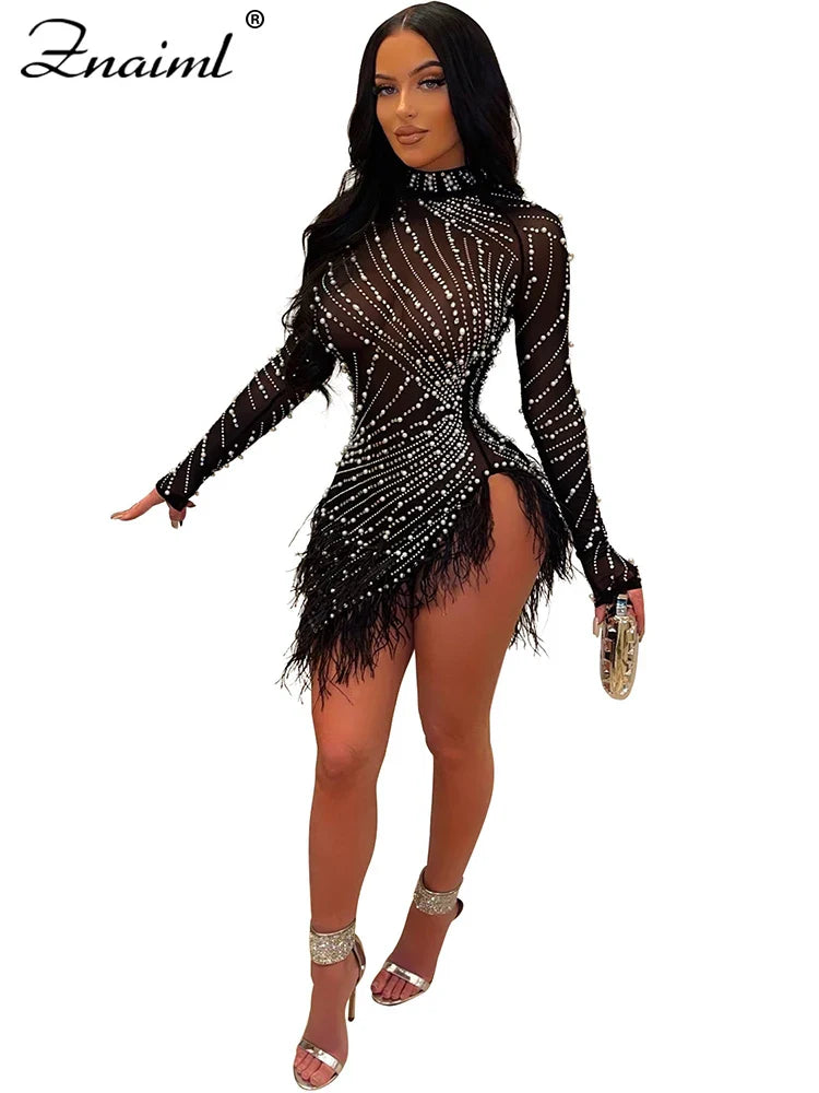Znaiml Luxury 2023 Evening Celebrity Feathers Sheer Mesh Short Dresses for Women Sexy Pearls Rhinestones Party Birthday Vestidos